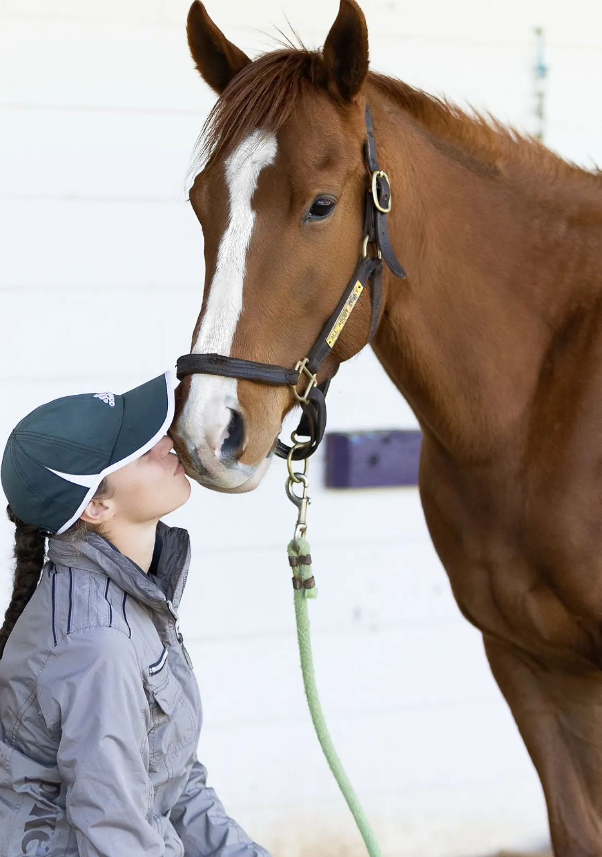 A rider resting her face against a chestnut horse’s muzzle