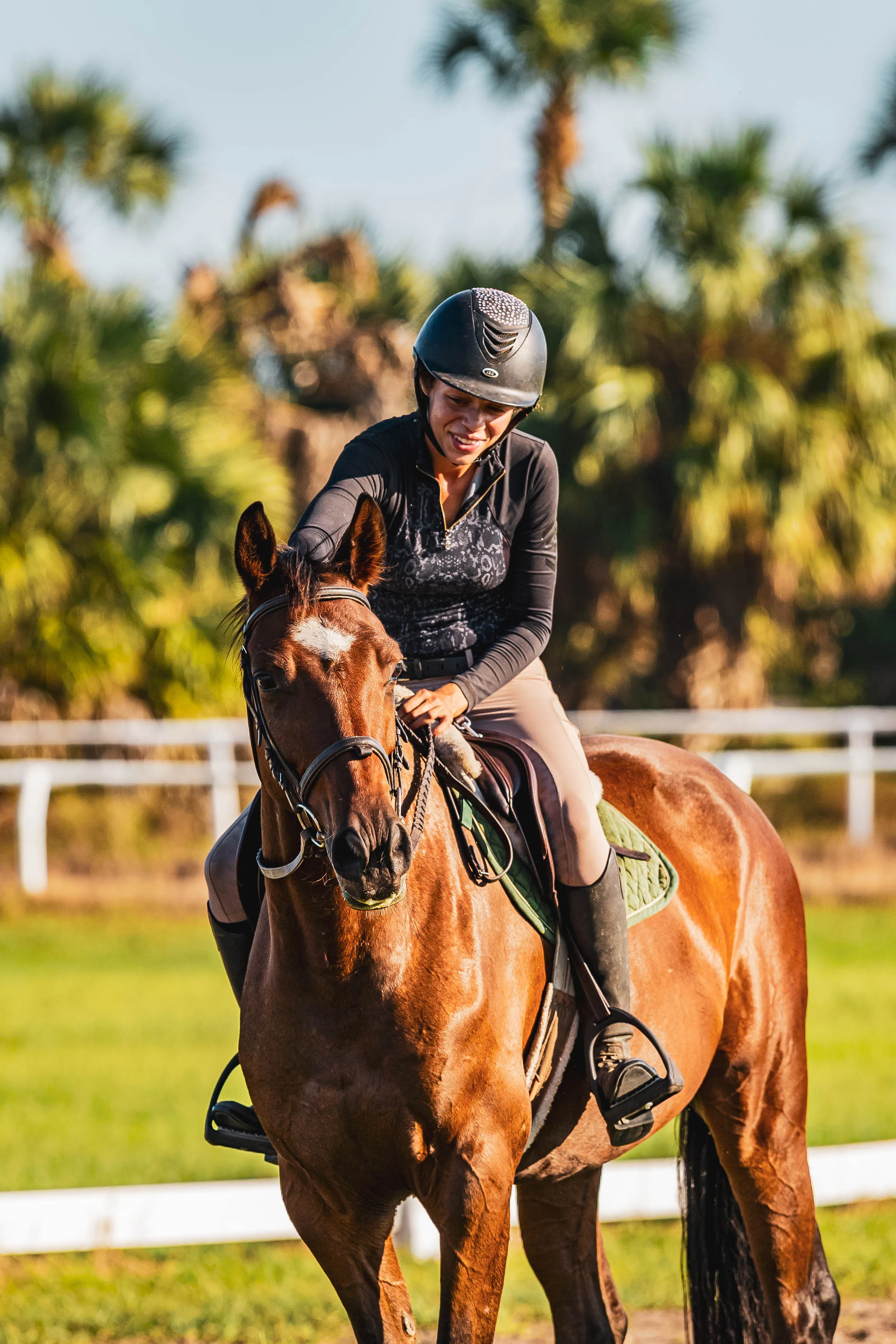 A rider schooling a chestnut horse in an open Florida field