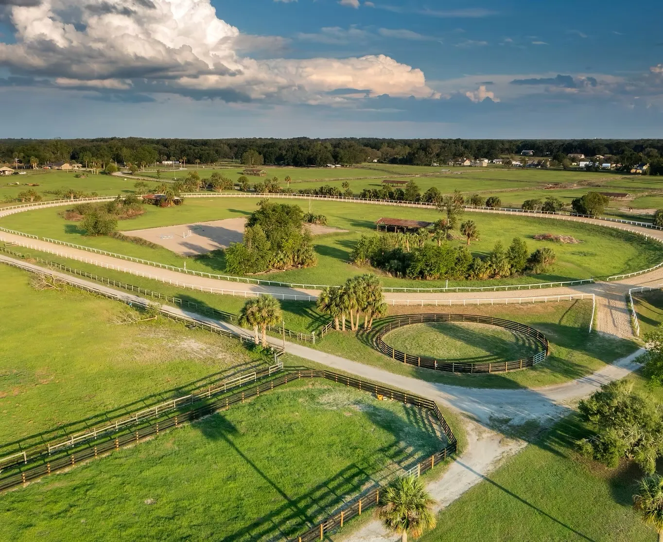 Aerial view of green paddocks and tree-lined fields on an Ocala, Florida farm