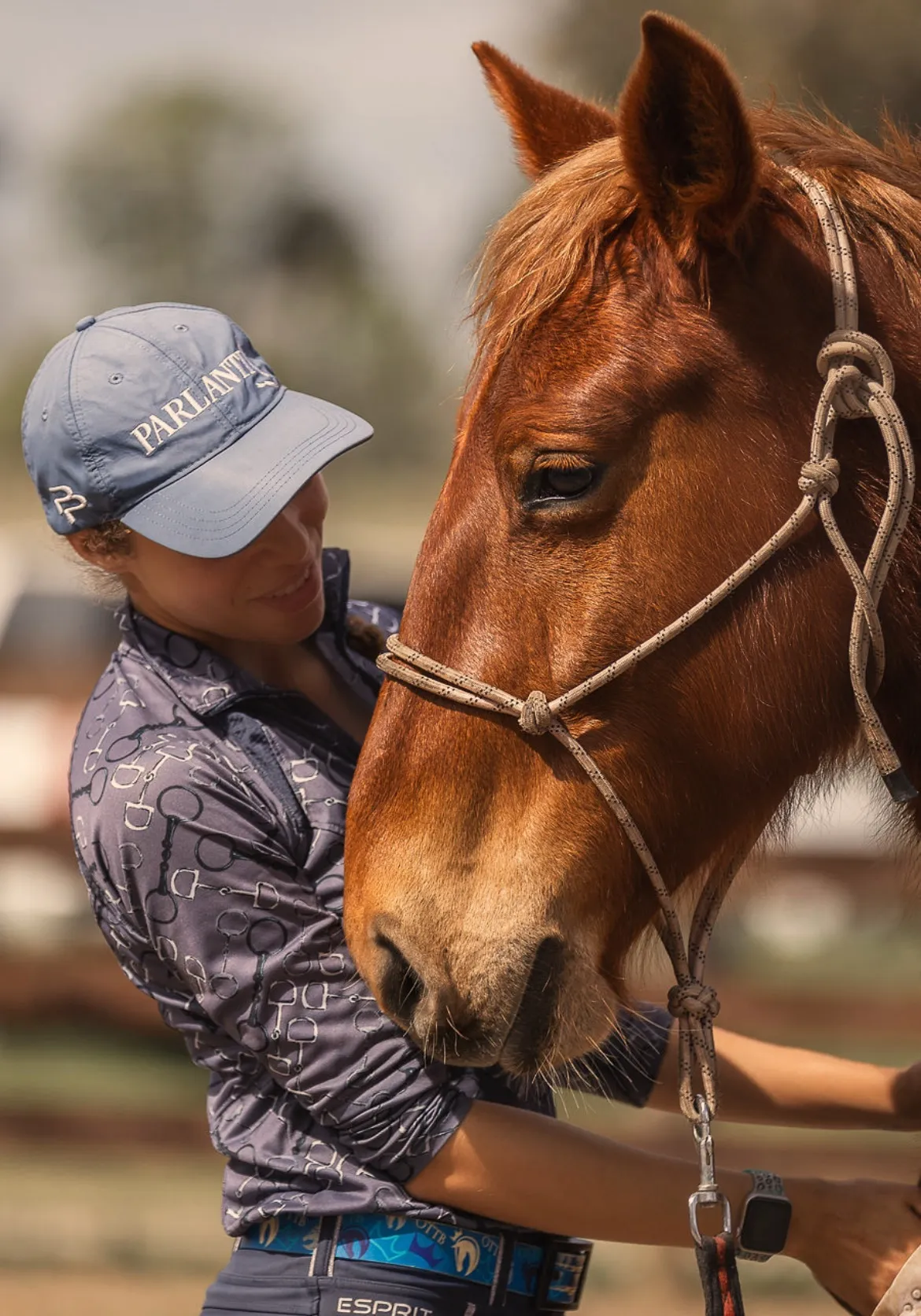 A handler standing quietly with a chestnut horse in a rope halter