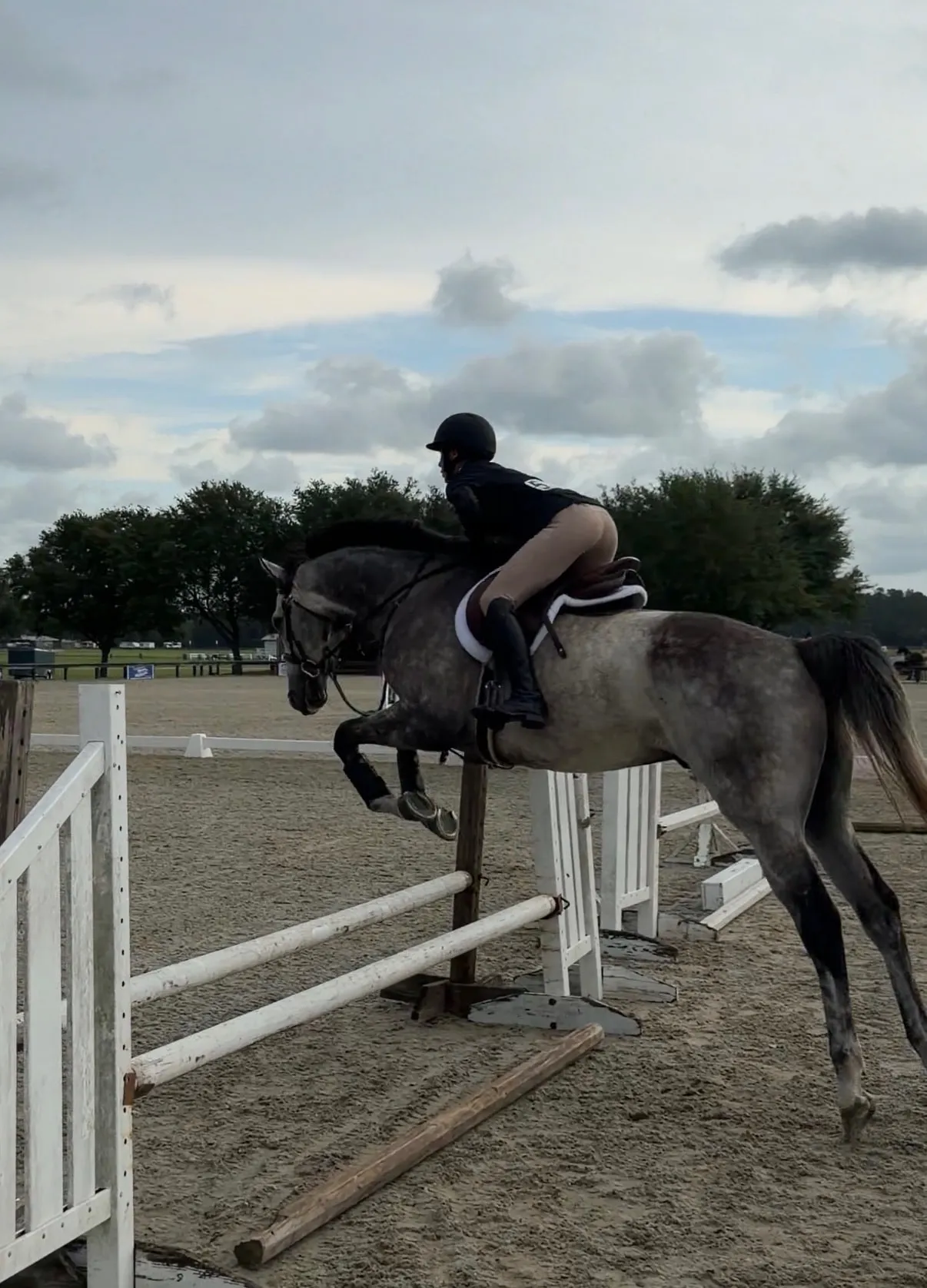A dapple grey Thoroughbred jumping a white rail at a show under a cloudy sky