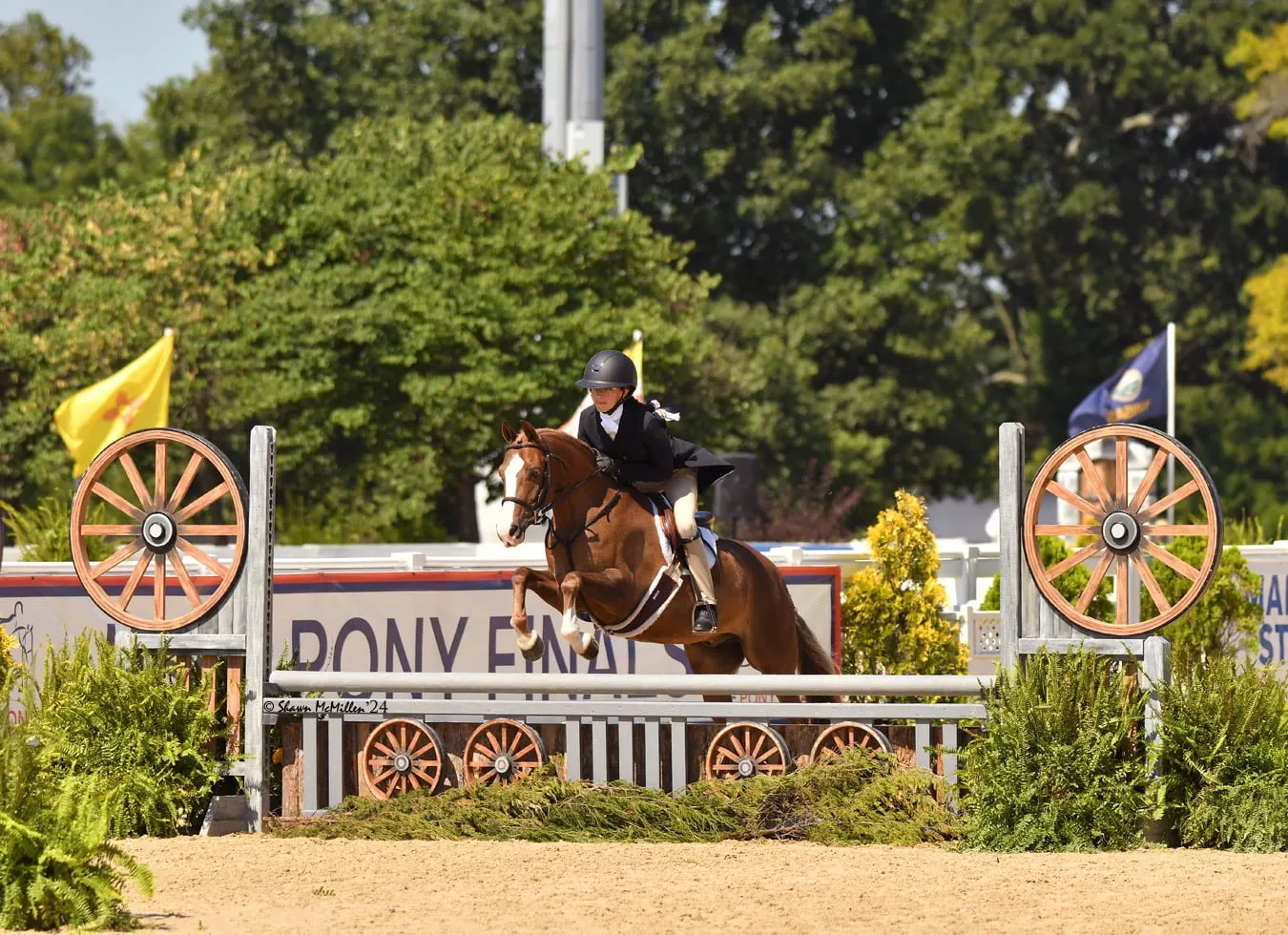 A young rider and a chestnut pony jumping a wagon-wheel fence at Pony Finals