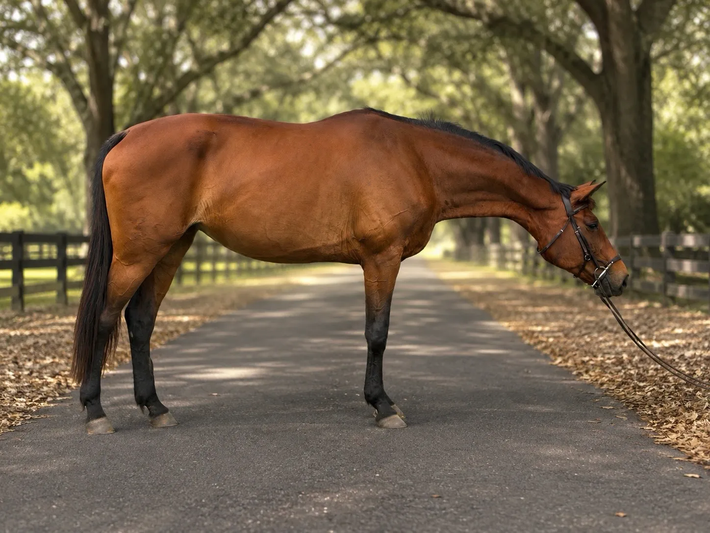 A sold bay horse standing on a tree-lined drive