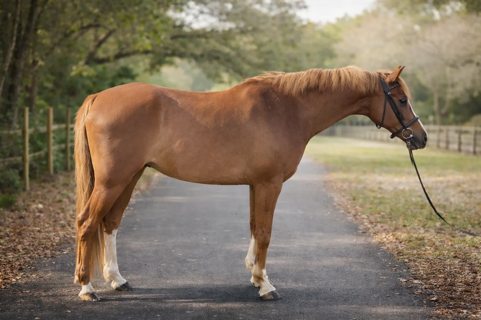 A sold chestnut horse with white socks standing on a farm drive